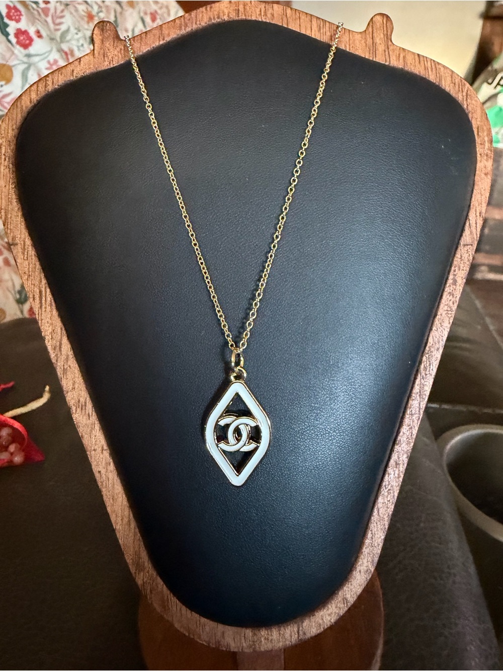 Hand Crafted Gold and White Enamel Pendant Necklace